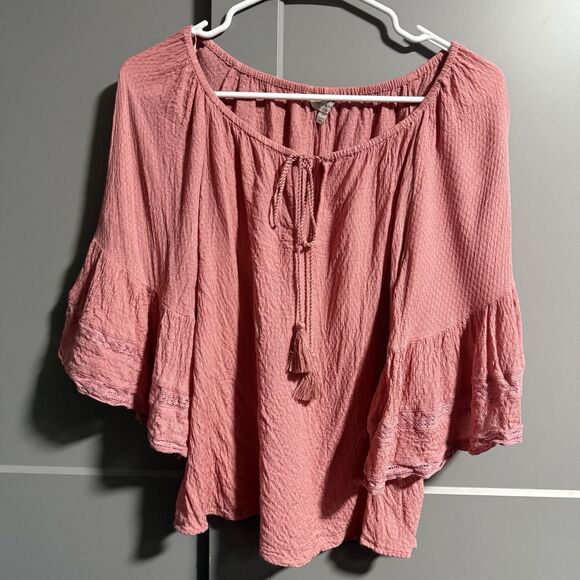 Lucky Brand Women 3/4 Flutter Sleeve Boho Keyhole Blouse Top Pink Small Flowy - Picture 1 of 8